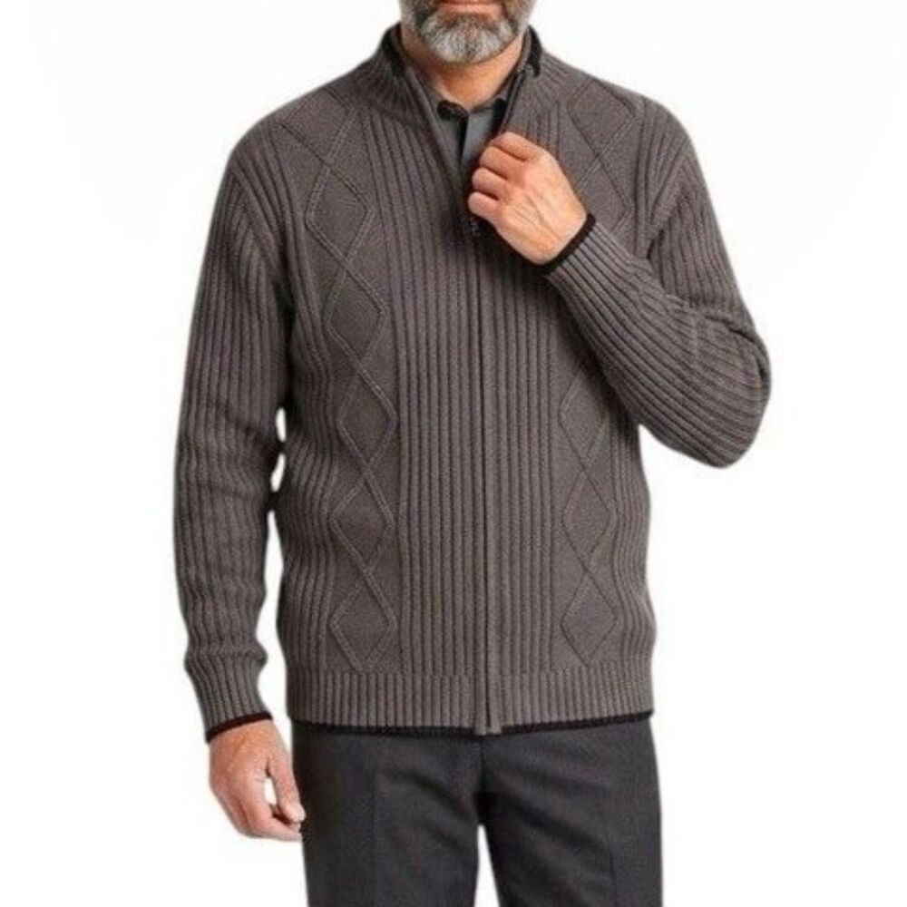 Haband Men's Sz Large Full Zip Cable Knit Cardigan Sweater Mock neck Grandpacore